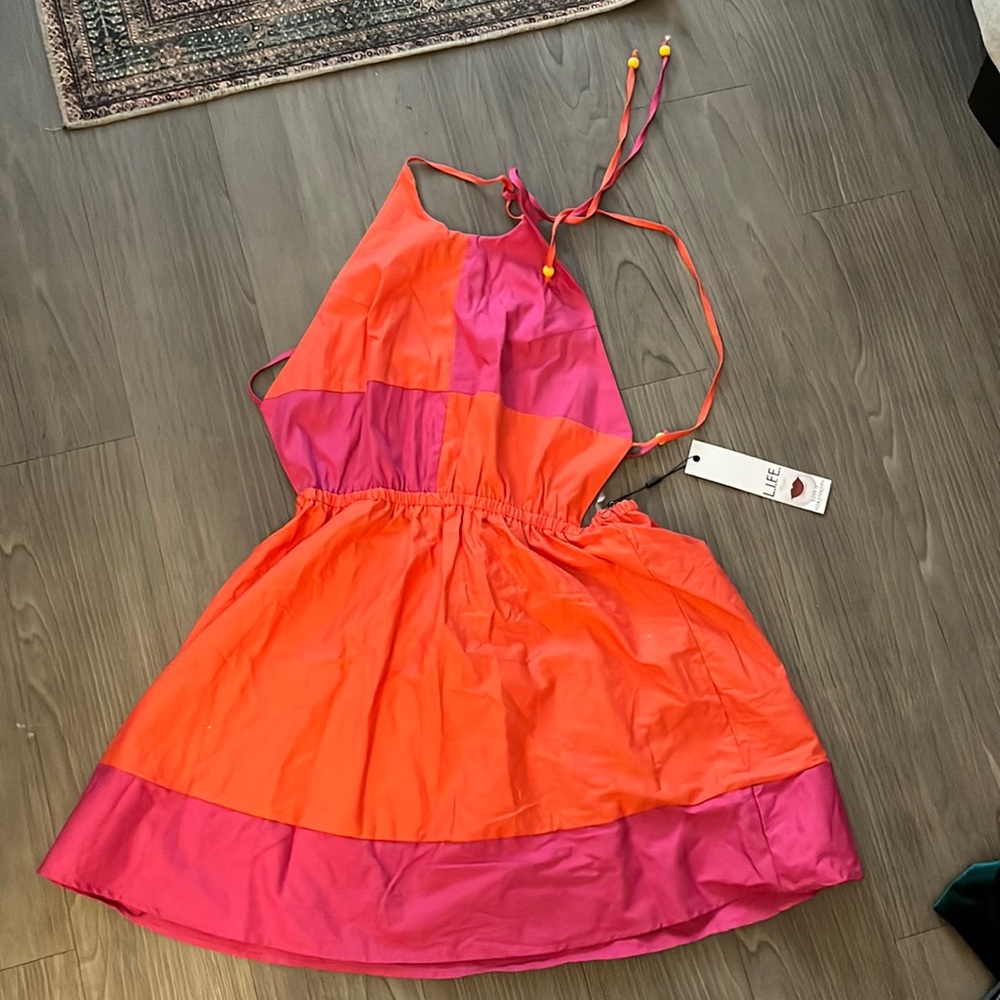 L.I.F.E Colorblock Dress Festival Mini Halter Open Cut Out Back Cotton Bright